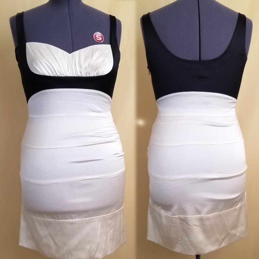 BCBG Pearl and Black Woven Silk Bodycon Cocktail Dress Size 12